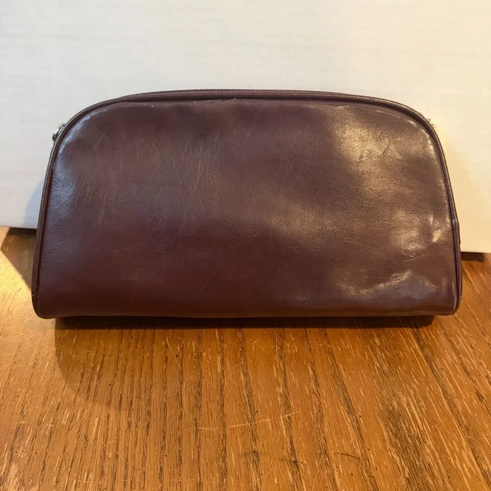 Vintage Burgundy Faux Leather Travel Toiletry Cosmetic Bag w/ Shoulder Strap
